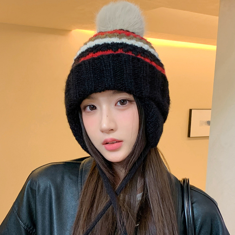 韩版百搭针织毛线帽子女秋冬加厚防风护耳帽绑带可爱毛球保暖帽新|undefined