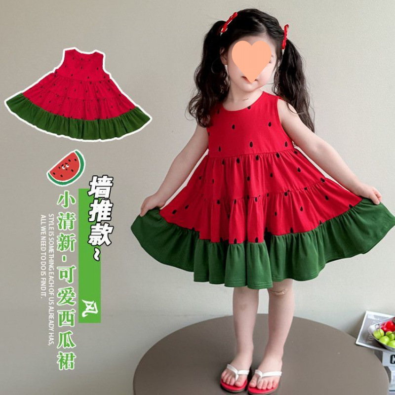 女の子サマードレススイカ 2025 新コントラストカラーフルーツベスト夏ノースリーブ子供ステッチ|undefined