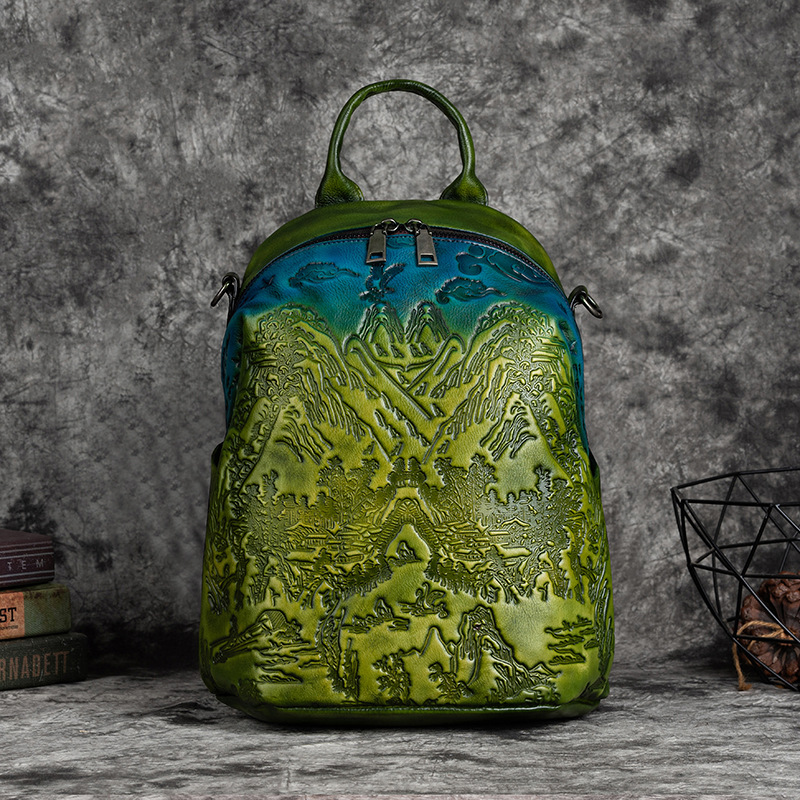Layer Cowhide Multi-purpose Chinese Style Retro Embossed And Colored Vegetable Tanned Leather Backpack