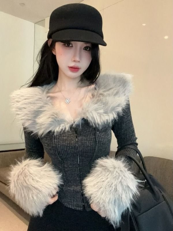 美式高级感辣妹毛毛拼接针织开衫上衣女秋冬修身显瘦鱼骨毛衣外套