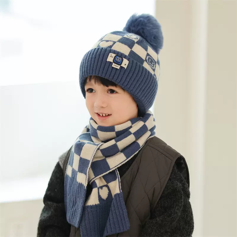 儿童帽子围巾套装韩系男女童冬季保暖毛线帽中大童学生加绒针织帽
