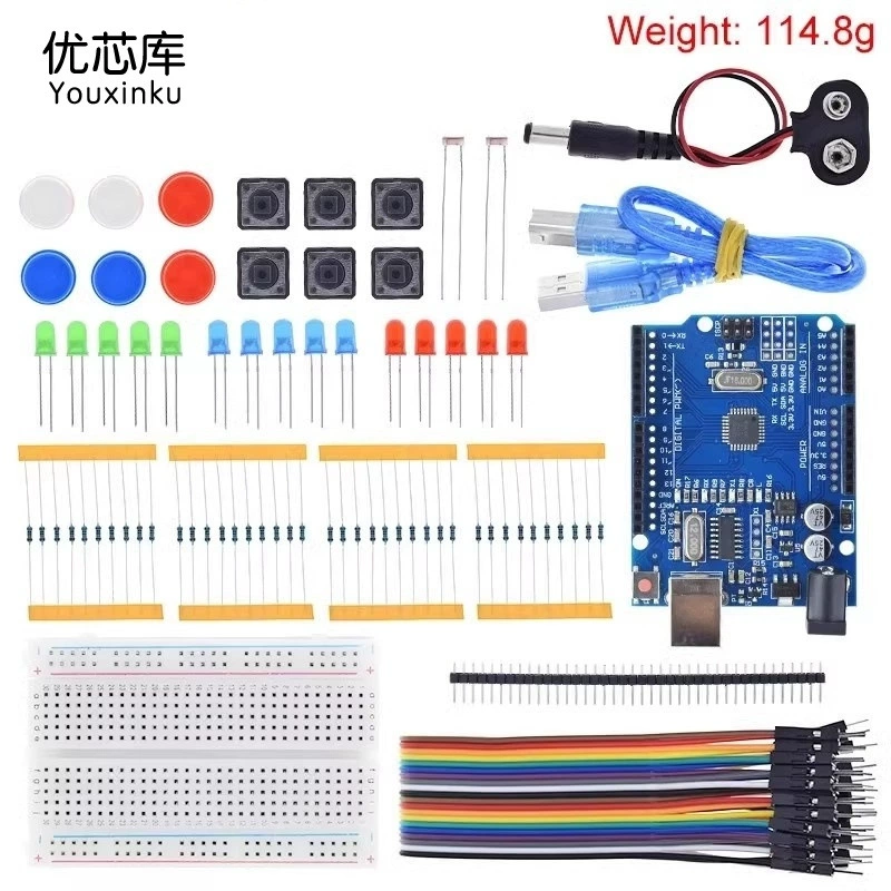 Starter Kit UNO R3 Mini 13-in-1, Breadboard & Components, LEDs, Cables (UNO Optional)