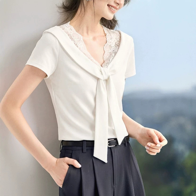 Soft Nautical Style 2026 Summer New Fashion Youthful Patchwork Lace Sailor Collar Tie Front Fitted T-Shirt Trendy Soft Nautical Style 2026 Summer New Fashion Youthful Patchwork Lace Sailor Collar Tie Front Fitted T-Shirt Trendy