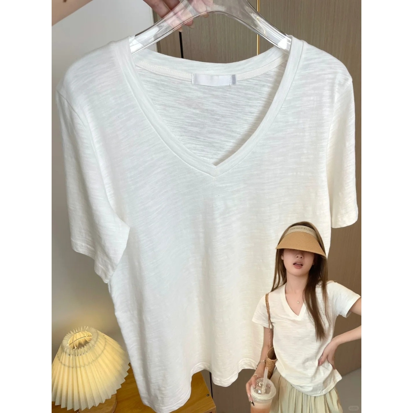 White Lazy Style V Neck Bamboo Cotton Short-Sleeved Women's Summer Casual Loose Cotton T-Shirt Thin Breathable Bottoming Top