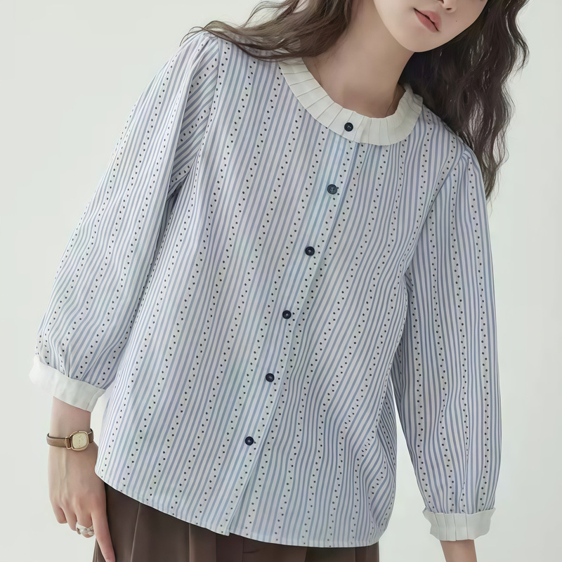 "Beidao AMU" Japanese-style color-blocked lace single-breasted shirt for women, new spring slim-fit long-sleeve top "Beidao AMU" Japanese-style color-blocked lace single-breasted shirt for women, new spring slim-fit long-sleeve top