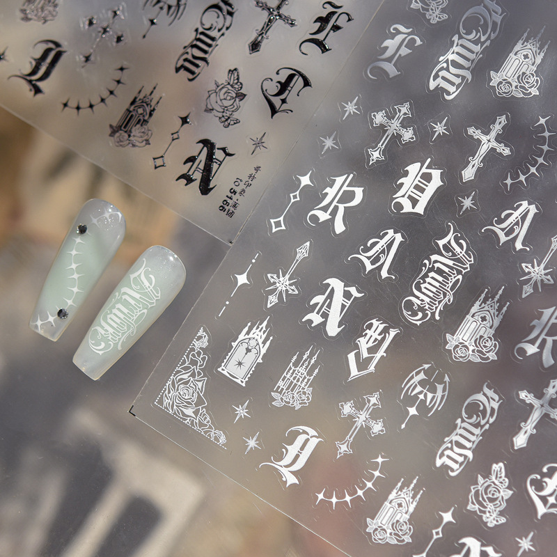 Popular Nail Stickers European and American Retro Style New Gothic Impression Letter Nail Stickers Versatile Cross Popular