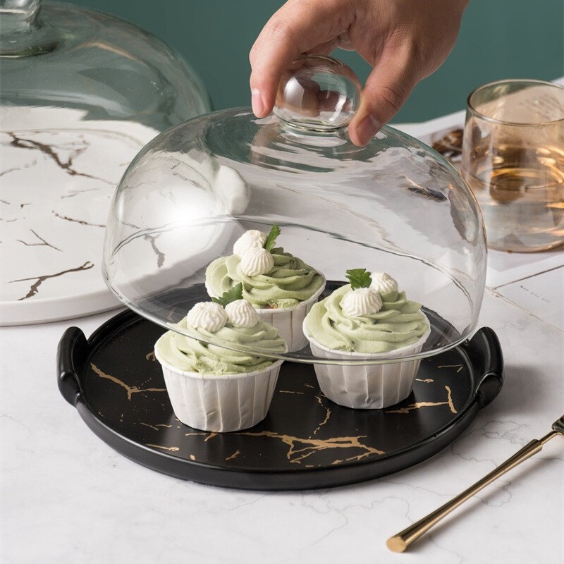 Marbled Ceramic Tableware Cake Plate Snack Plate with Lid Glass Double Ear Plate Deep