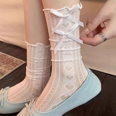 蕾丝袜子女蝴蝶结日系镂空网眼透气夏季薄款堆堆袜miu系配玛丽珍