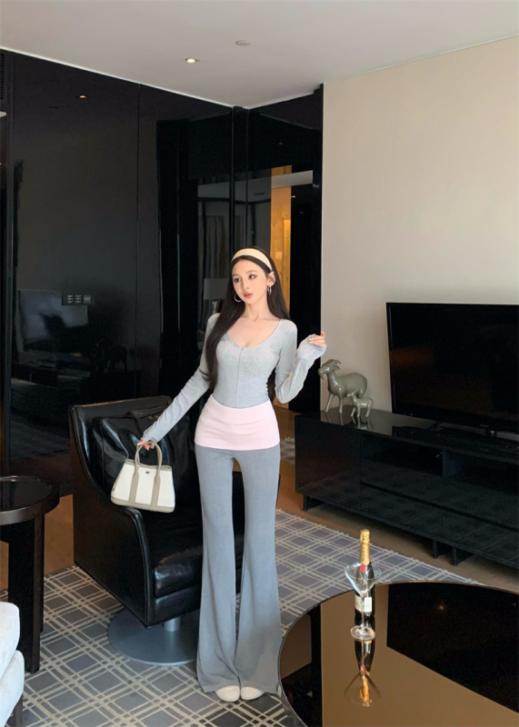 小个子绝美小套装韩女曲线V领修身打底衫长袖上衣撞色微喇叭长裤|undefined