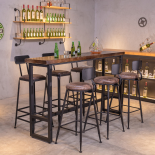 Solid Wood Iron Bar Retro Bar Table Milk Tea Cafe Wall-Mounted Long Music Bar High Table and Chair Combination