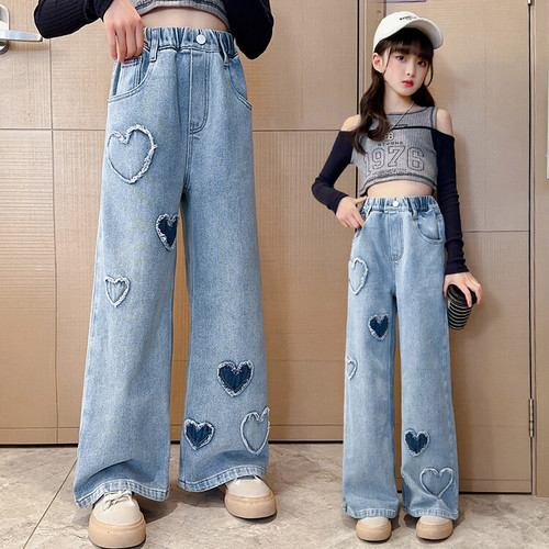 Girls Love Raw Edge Denim Wide Leg Pants 2024 New Pants Children's Loose Medium and Large Children's Outerwear Spring Pants