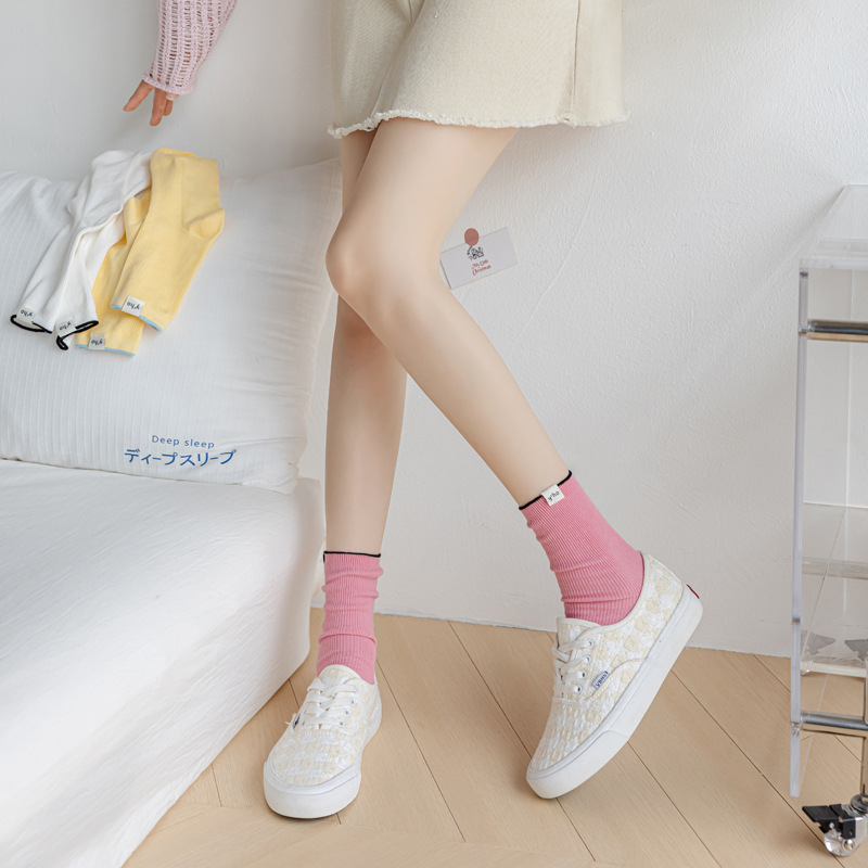 Dopamine tide cream colored children's spring and summer breathable middle tube pile fabric label women's socks, double_voghion.com