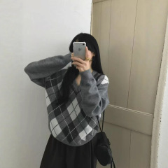 韩系复古菱格V领毛衣女秋冬百搭长袖套头针织衫时尚拼色叠穿毛衫