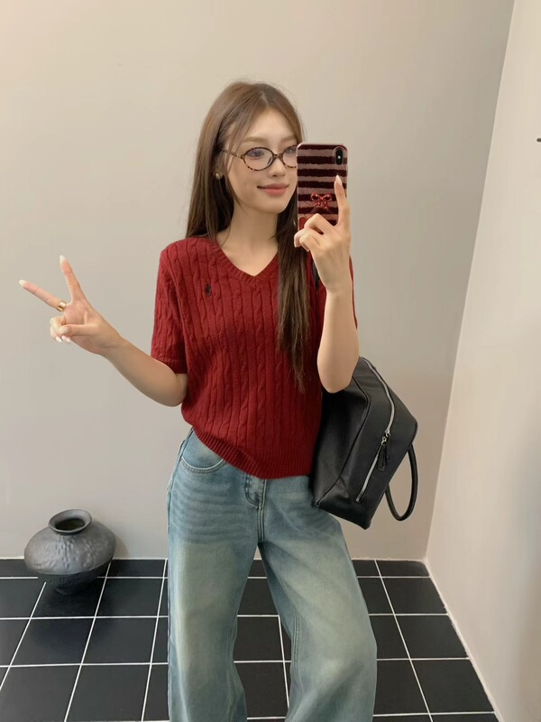 春秋小马刺绣短袖V领针织衫女经典麻花毛衣时尚休闲通勤显瘦上衣|undefined