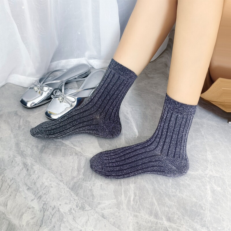 Cross-Border Autumn and Winter Double-Needle Silver Onion Gold and Silver Silk Socks Breathable Fashion Show Mid-Calf Socks Personalized Forest Style Men's and Women's Sports Socks