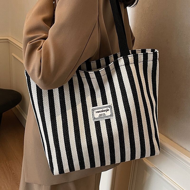 Large Capacity Large Canvas Bag Striped Handbag 2026 Casual New Single Shoulder Class Tote Commuting Bag for Women Large Capacity Large Canvas Bag Striped Handbag 2026 Casual New Single Shoulder Class Tote Commuting Bag for Women