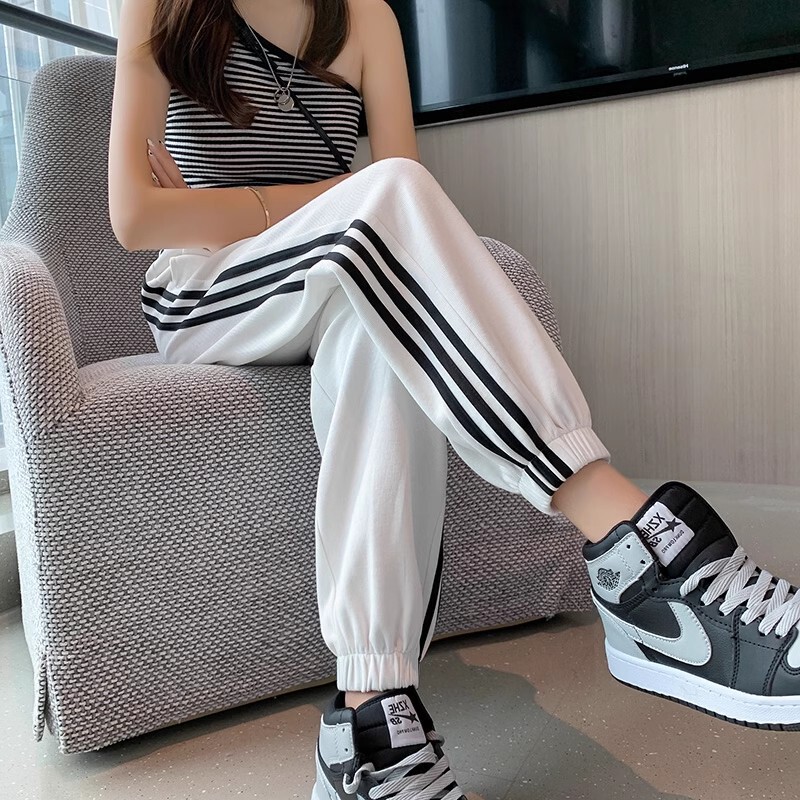 Summer Thin White Sports Pants Women's High Waist Slimming Loose Leg-toe Eight-point Small Spring and Autumn Casual Wei Pants