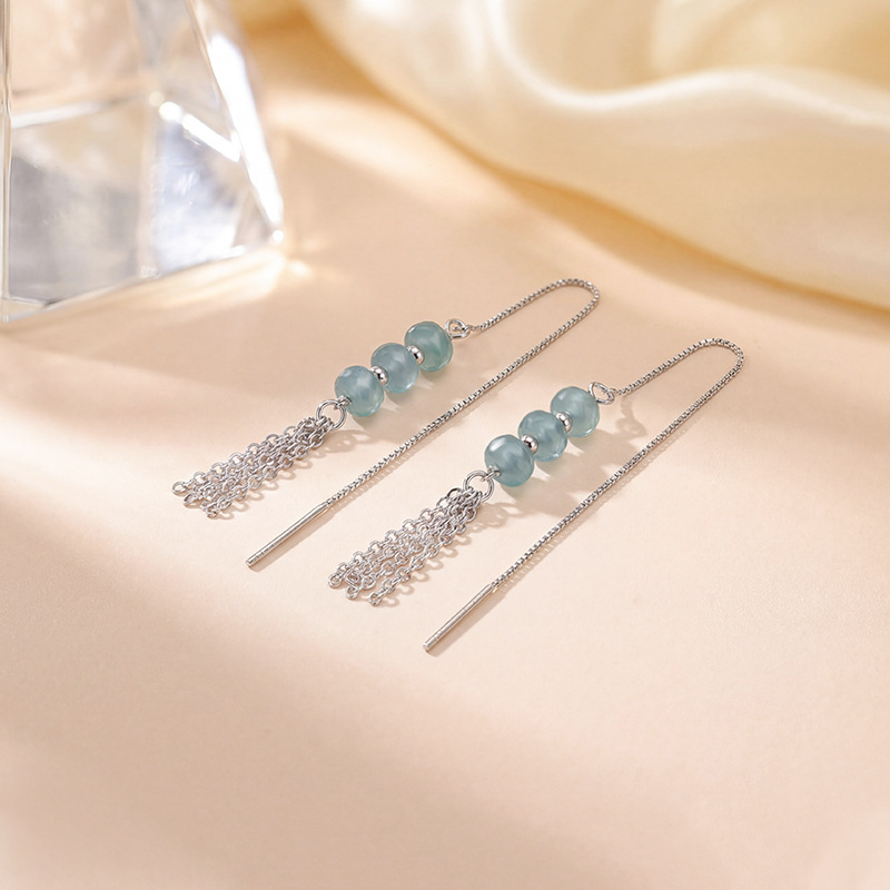 Khuyên tai dây bạc S925 đính ngọc bích tự nhiên phong cách tân cổ điển — Một đôi khuyên tai dạng dây