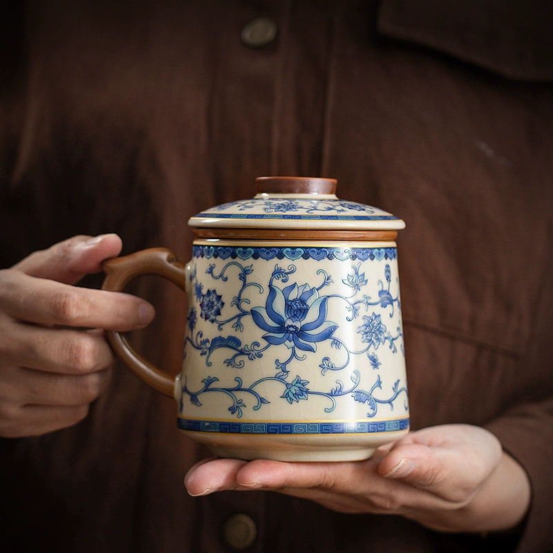 Вязаная чашка для чая Ru Kiln синего и белого цвета с крышкой, чашка для разделения чая и воды, бытовая керамическая чашка для чая, офисная кружка.