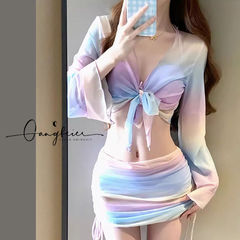 Bikini four-piece set sun protection swimwear, internet celebrity pure desire style, high-end feeling, 2024 new high-waisted swimsuit for women, summer