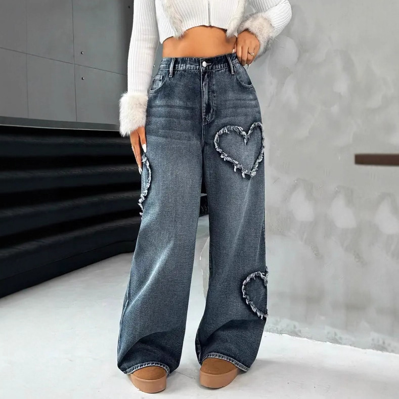 European And American Cross-Border Street Retro Heart Frayed Edge Patchwork Heavy Washed Denim Women's Loose Straight_ecoleips.com