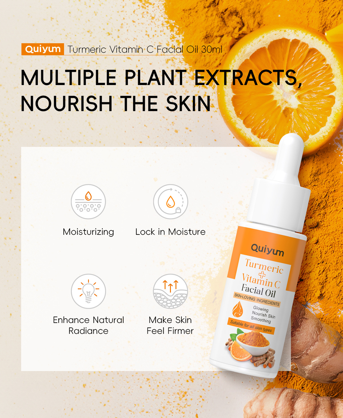 quiyum's new cross-border product, turmeric Vitamin c Facial Essence Oil 30ml, is a hydrating, moisturizing and nourishing FDA skin care product undefined
