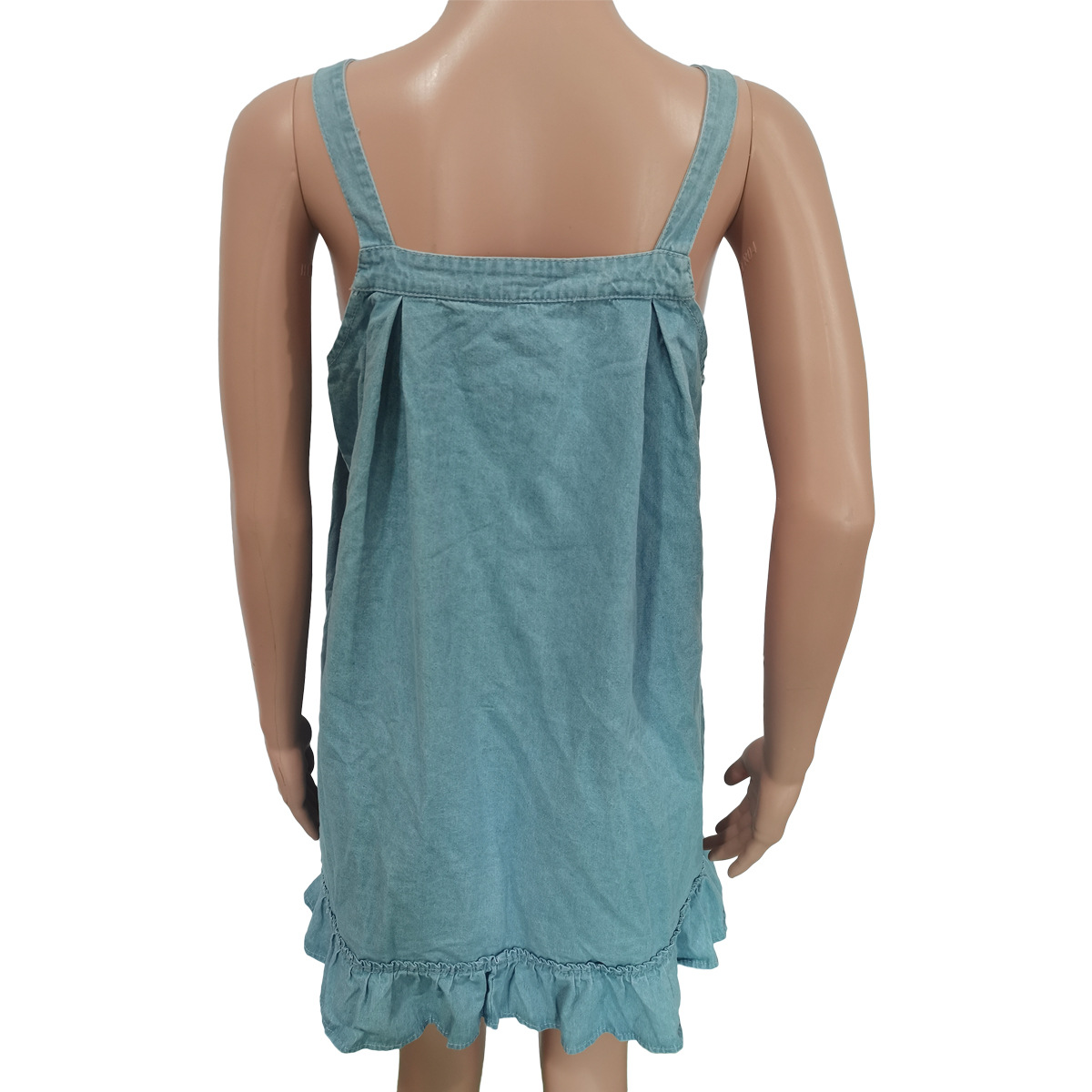 women's clothing Solid color suspenders button pocket loose washed denim dress_mkmklike.com