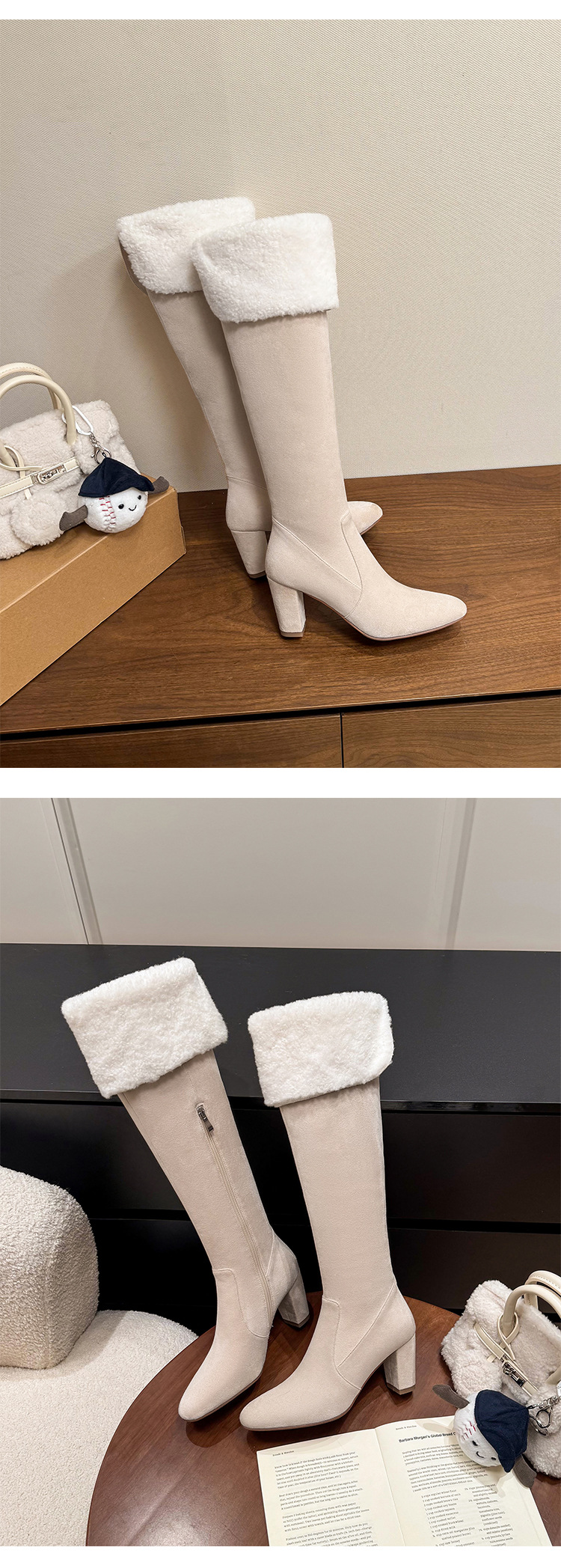 Boot nữ cổ cao ôm bắp chân lông cừu ấm, gót thô 5 cm, phong cách cưỡi ngựa — màu đen chi tiết 7