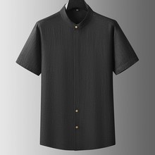 时尚小立领亚麻半袖衬衫男加大码夏装肥佬休闲中国风纯色短袖衬衣