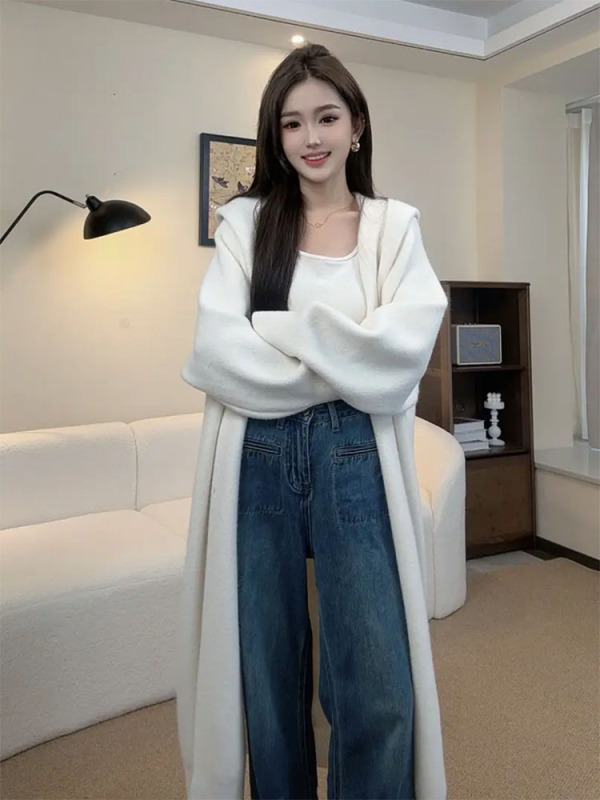 秋冬季新款长款开衫女高级感宽松慵懒风连帽韩系百搭针织外套大衣|undefined