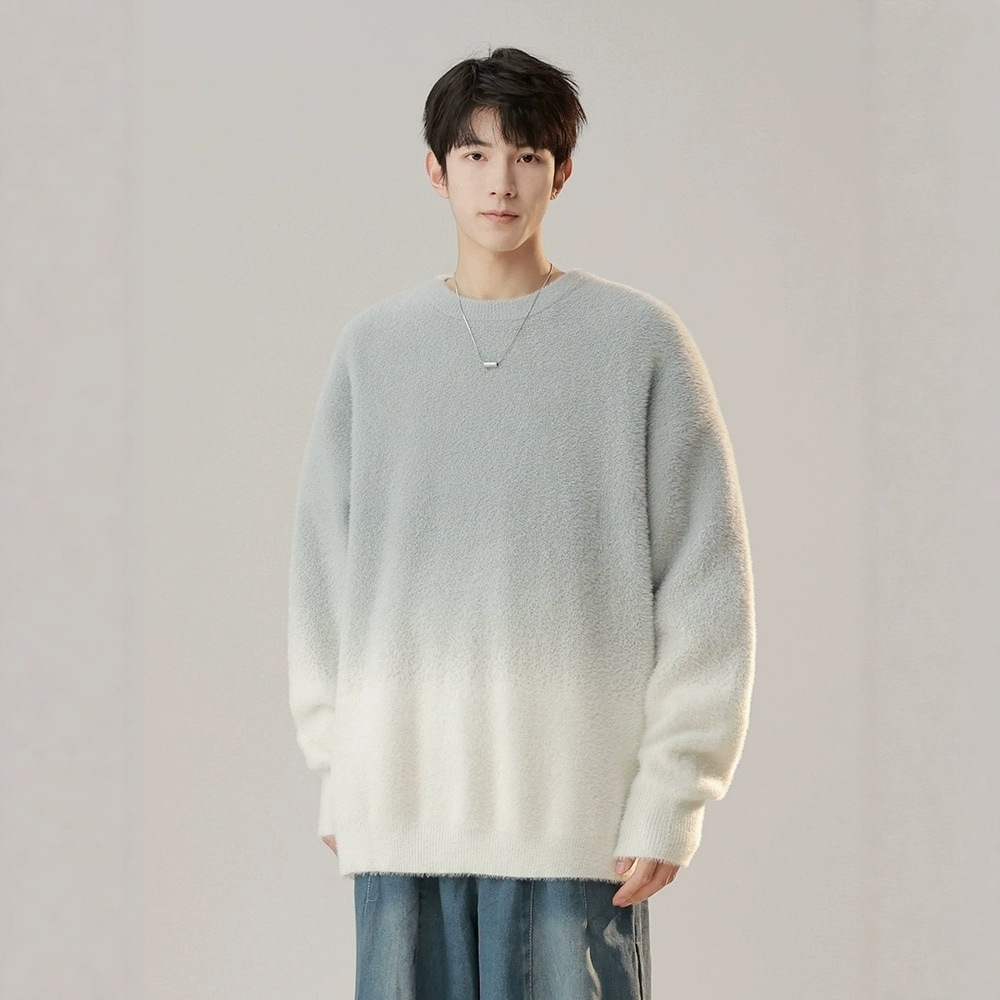 渐变色蓝色氛围感毛衣情侣装秋冬宽松百搭男女高级感慵懒风针织衫