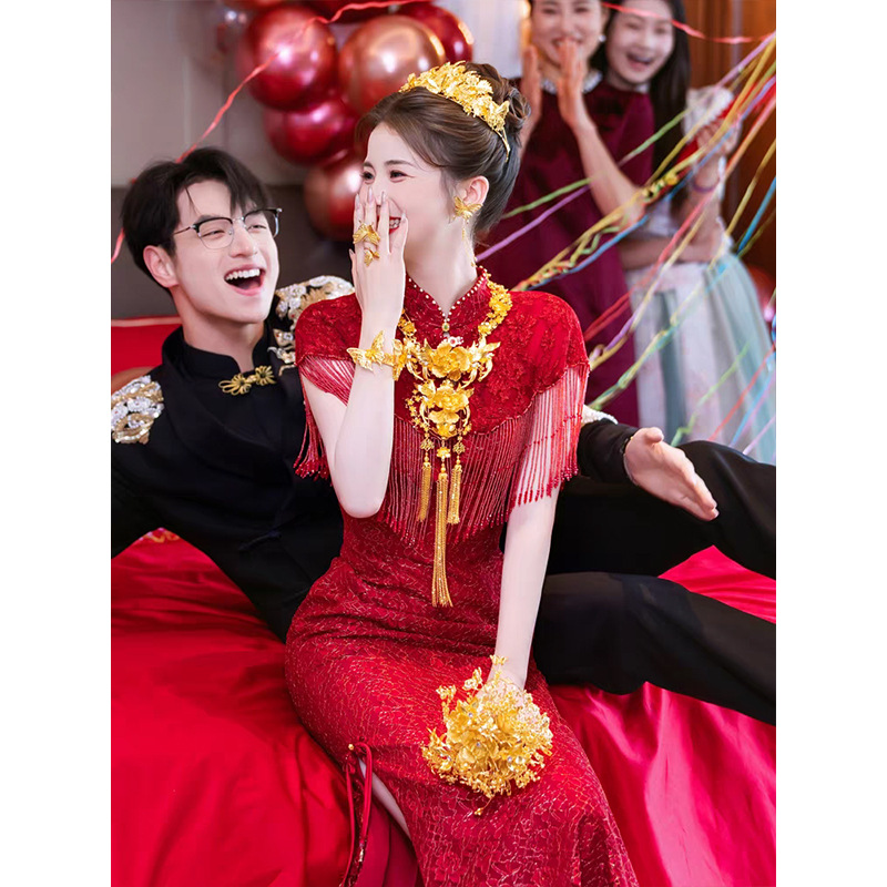 New Chinese Style Toast Dress Bride wine red Engagement Cheongsam Wedding Morning Gown Women's Return to the Cabinet Banquet National Style Advanced Sense