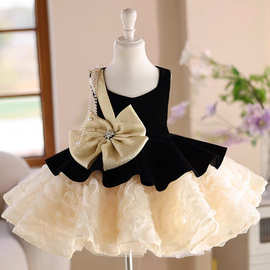 2025秋季无袖礼服女宝宝生日抓周夏季黑儿童主持人花童婚礼高端公