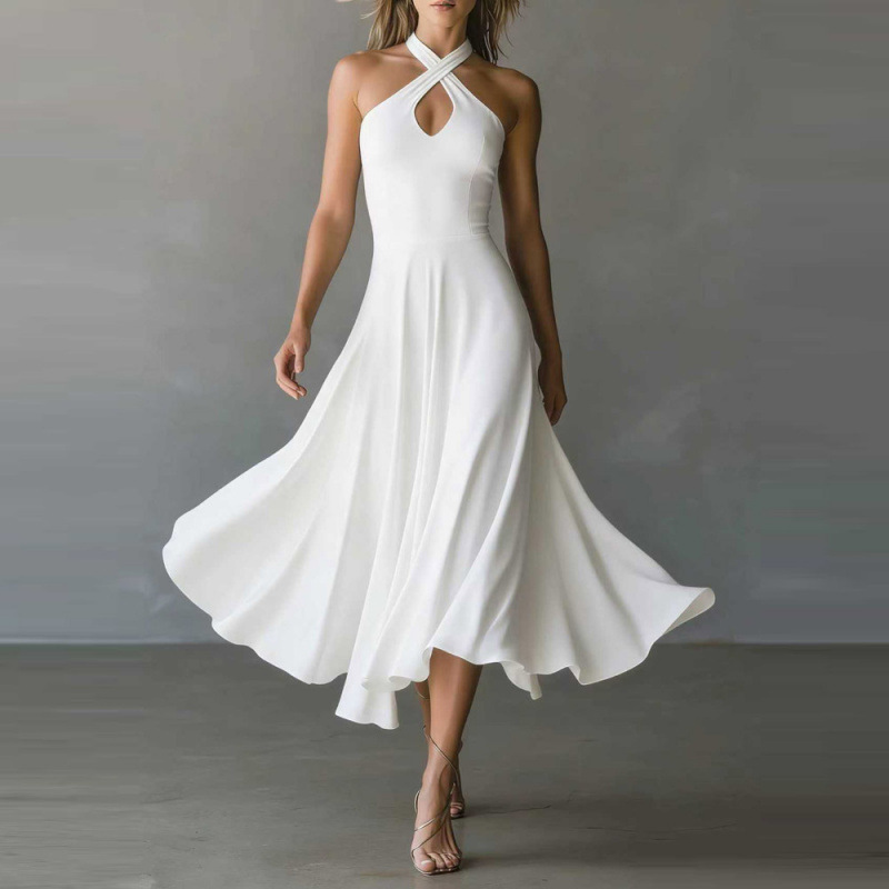 Women's Clothing Women's Retro Elegant Black Long Dress Keyhole Backless Halter Neck A Line For Formal & Casual For Women_ecoleips.com