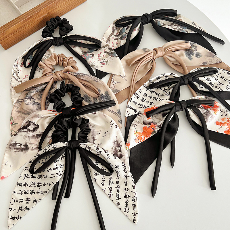 2023新款中國風半扎發後腦勺馬尾發圈新中式水墨蝴蝶結髮夾女頭飾