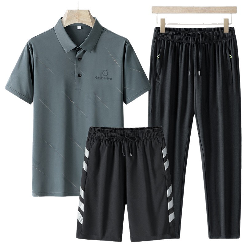 Camiseta de verano de papá camiseta de hielo de manga corta de mediana edad juego deportivo abuelo ropa de hombre papá polo casual conjunto de tres piezas