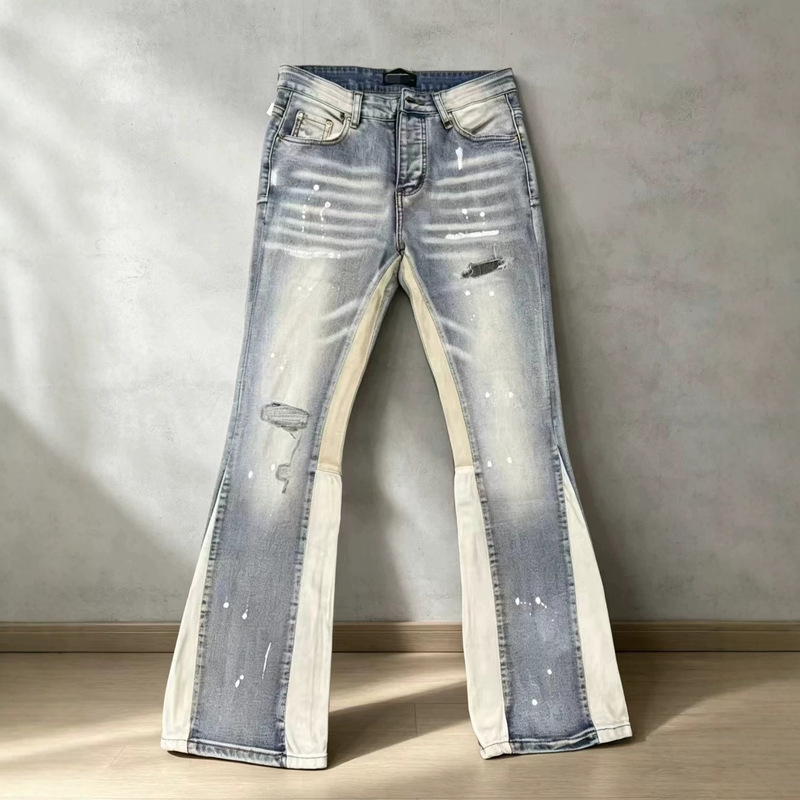 Trendy Casual Straight-Leg Patchwork Slim Fit Embroidered Jeans for Men with Ripped Details and Patch Cotton