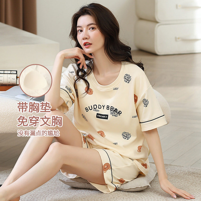 Women's Summer Short-Sleeved Pajamas with Breast Pads, Cotton Thin Shorts, Cute Home Clothes Set, Built-In Bra and Underwear
