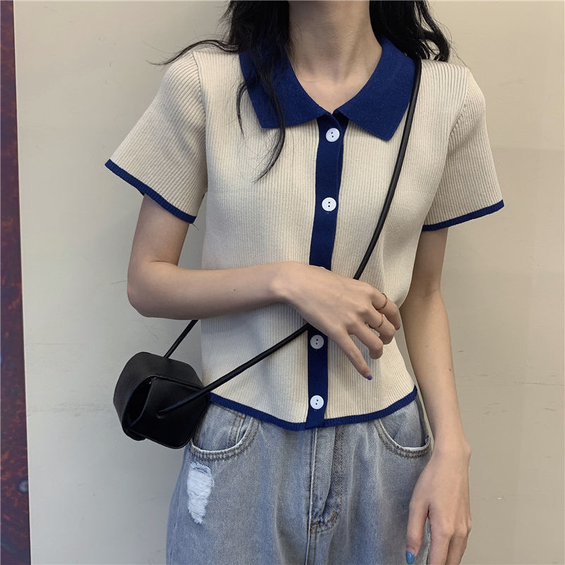 短款辣妹上衣服女2024新款夏季网红高腰露脐polo领短袖冰丝针织衫