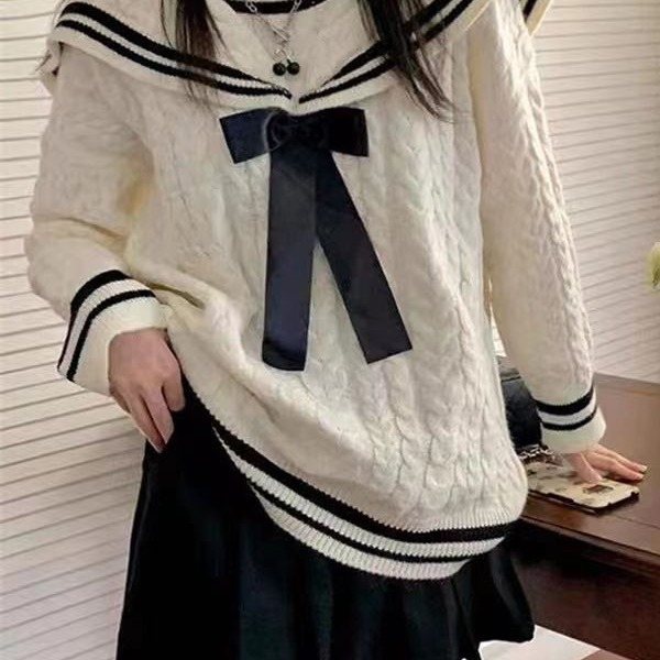 2023年秋冬新款海军领蝴蝶结针织衫纯色长袖套头女上衣温柔风毛衣
