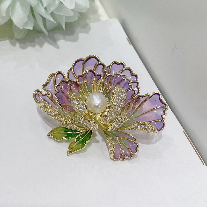 DIY accessories national style peony flower brooch women's high-grade enamel painted classical temperament pin pearl corsage empty holder