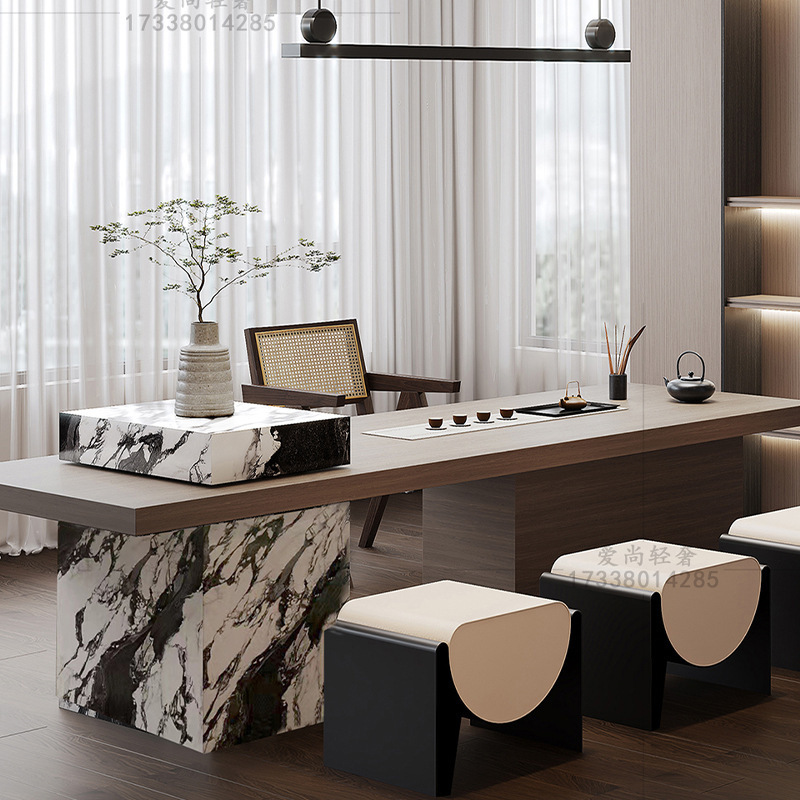 新中式茶桌椅组合现代轻奢岩板茶台简约高端设计师款办公室茶桌