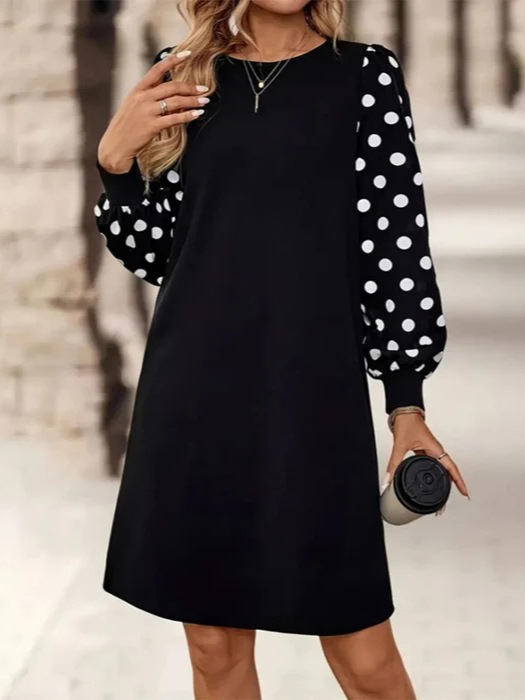 2025 European and American Clothing Amazon Independent Station Round Neck Long Sleeve Digital Printing Dress Polka Dot Skirt