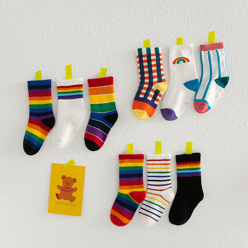 3 pair Children's baby rainbow striped hiphop dance socks boys and girls rainbow striped mid-tube tide socks student children's socks wholesale