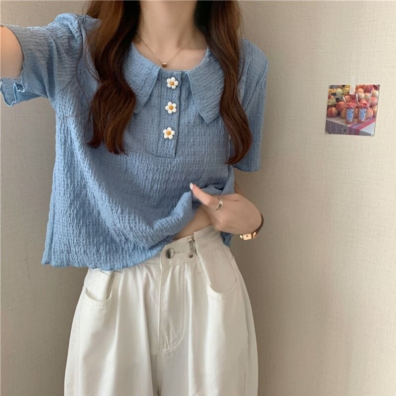 Polo Short-Sleeved Short Shirt for Women 2026 Summer New Japanese Style Sweet First Love Slimming Doll Collar Blue Top