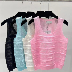 南油高品24C小香風丸首カバーの小さいベストの夏服の新型のストライプのジャカードのカジュアルなニット