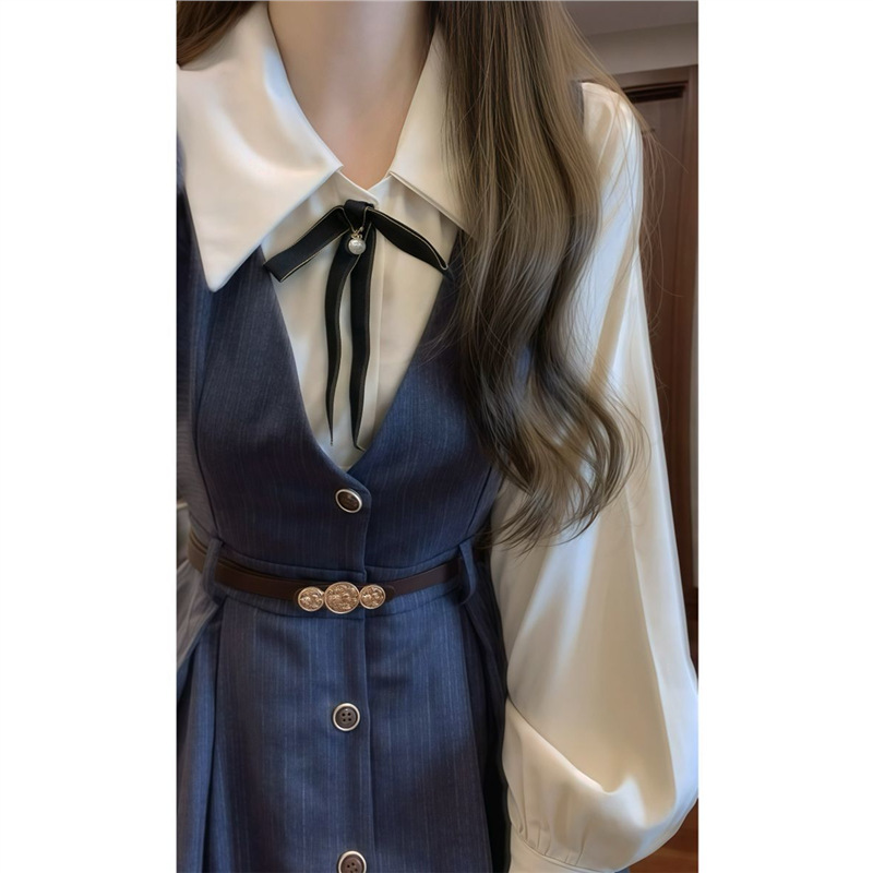 韩系学院风背心连衣裙子女早初秋新款小个子气质衬衫穿搭套装长裙|undefined