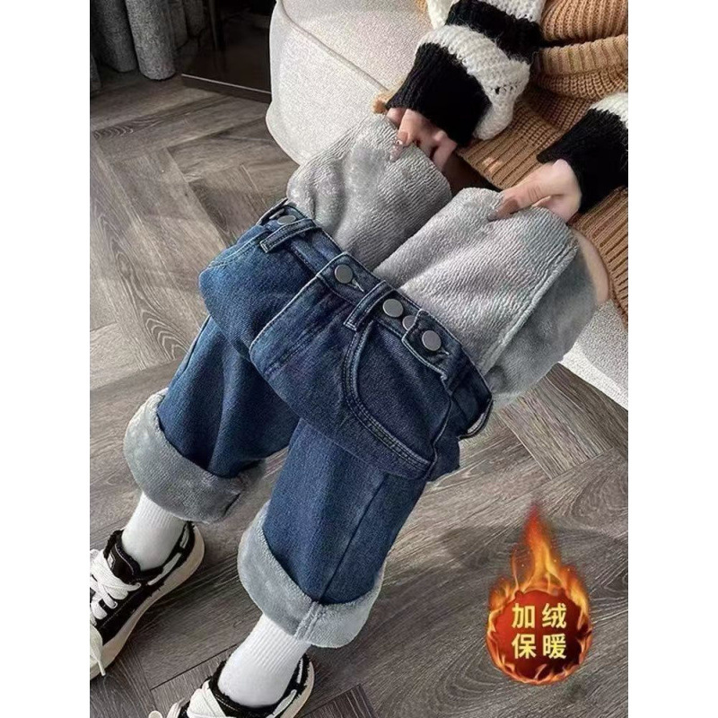 加厚阔腿牛仔裤女2025冬季高腰宽松显瘦垂感保暖直筒长裤加绒裤子