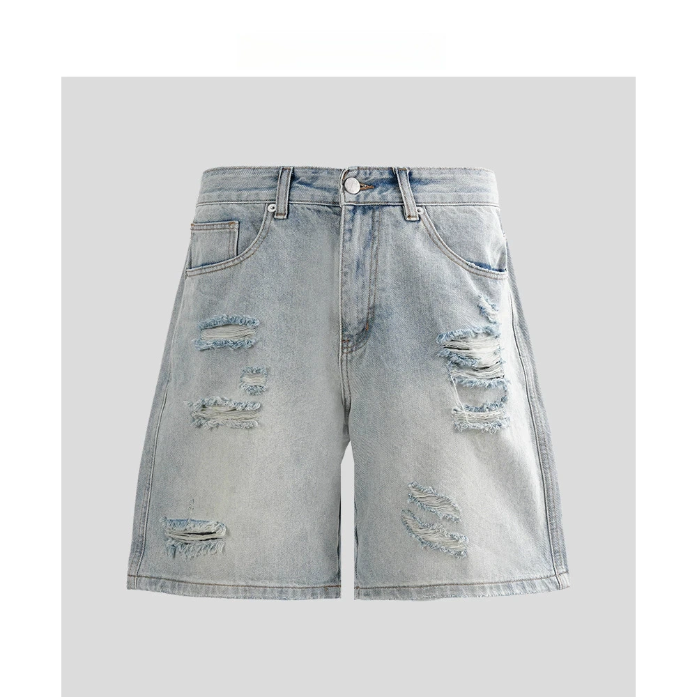 Студия Jindachuan OOTDYIHAO Summer Men's Washed Ripped Denim Shorts Fashionable and versatile loose water