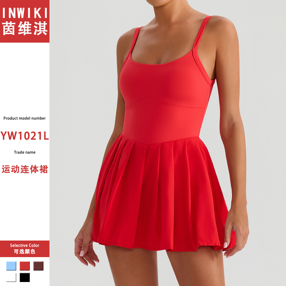 Sleeveless Sports Yoga Dress with Built-In Shorts, Anti-Exposure, Pocketed, Pleated Skirt for Running and Tennis, Women's